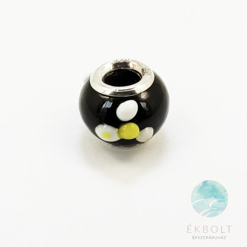 " Fekete sárga virággal " Egyedi Muránói üveg charm ( csúszódísz ) 55100